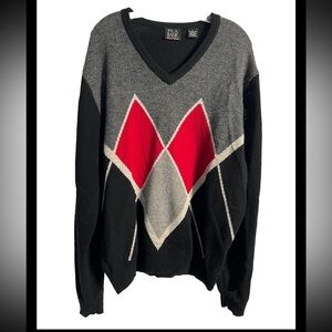 Jos. A. Bank Men's Sweater SZ Large Grey Black V-neck Pullover Lambs Wool Blend